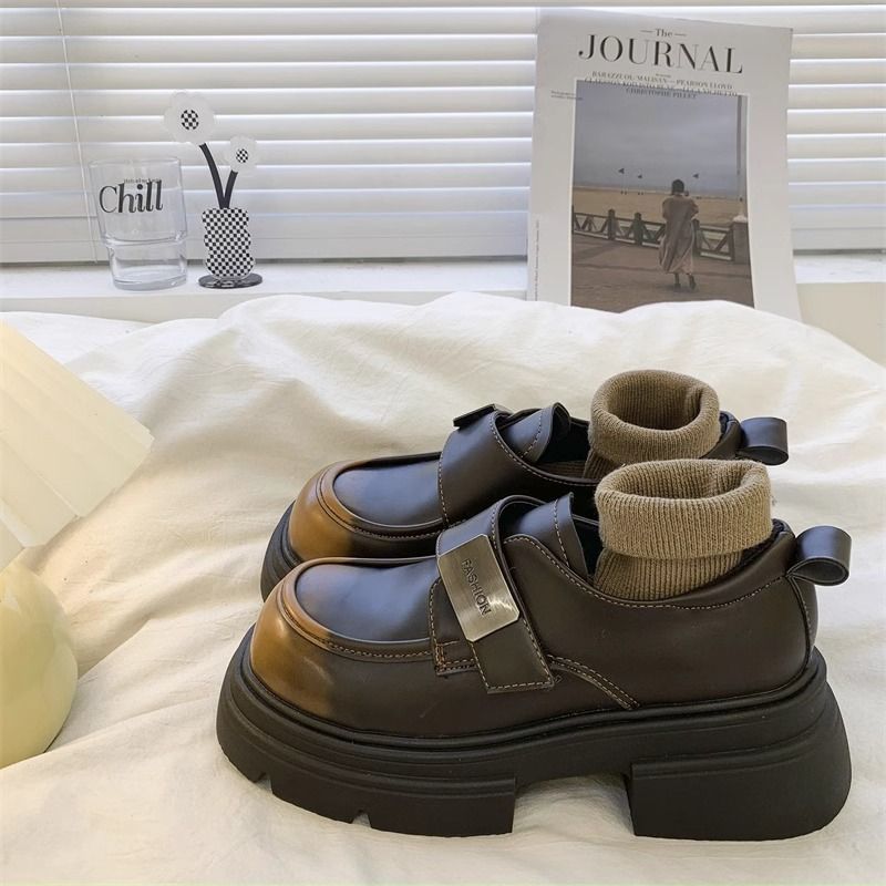 Platform thick-soled small leather shoes for women 2024 spring and autumn new style brown retro British style single shoes small loafers