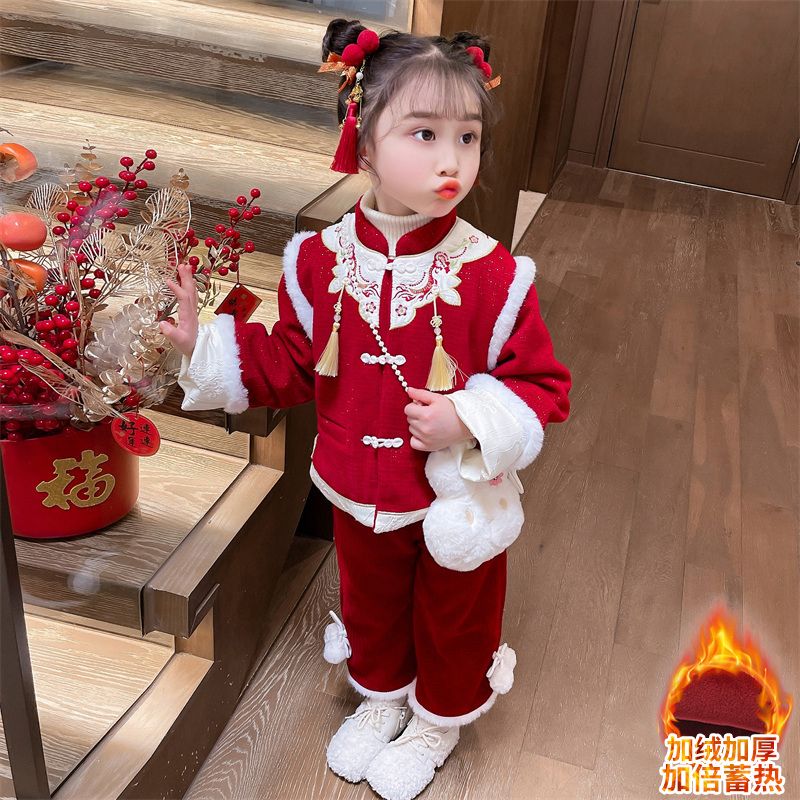 女童冬季新款2024龍年加絨中國風拜年服女寶寶冬裝加厚新年套裝潮