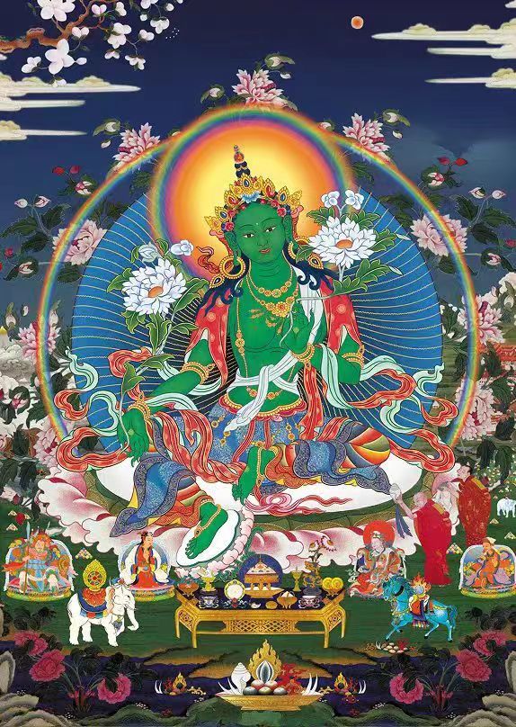 Traditional Hand-Painted Green Tara Thangka detail 7