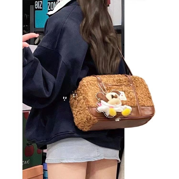 高級質感毛絨手提包包女時尚百搭撞色斜挎包手提貝殼包休閒單肩包
