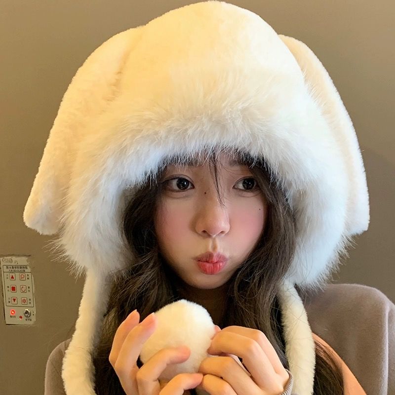可愛兔子耳朵雷鋒帽子女冬季新款防寒保暖加絨加厚大頭圍卡通帽子