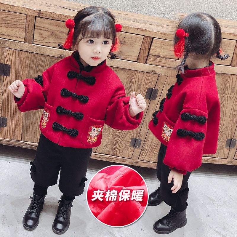 女童漢服拜年服2023冬季加厚兒童唐裝禮服童裝寶寶中國風喜慶套裝