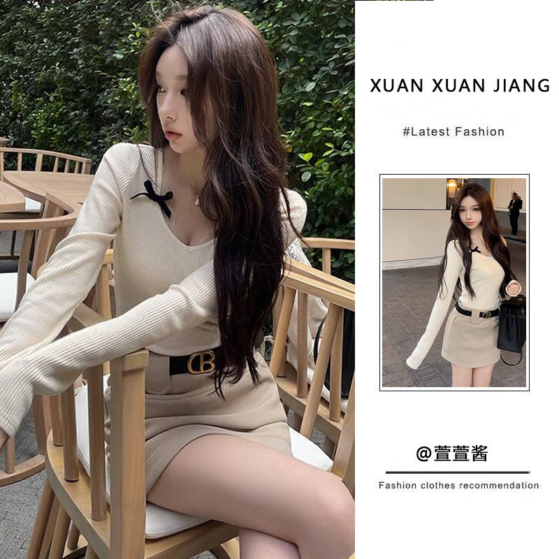 套裝女2024春季新款純欲風辣妹設計感打底長袖上衣高腰顯瘦半身裙
