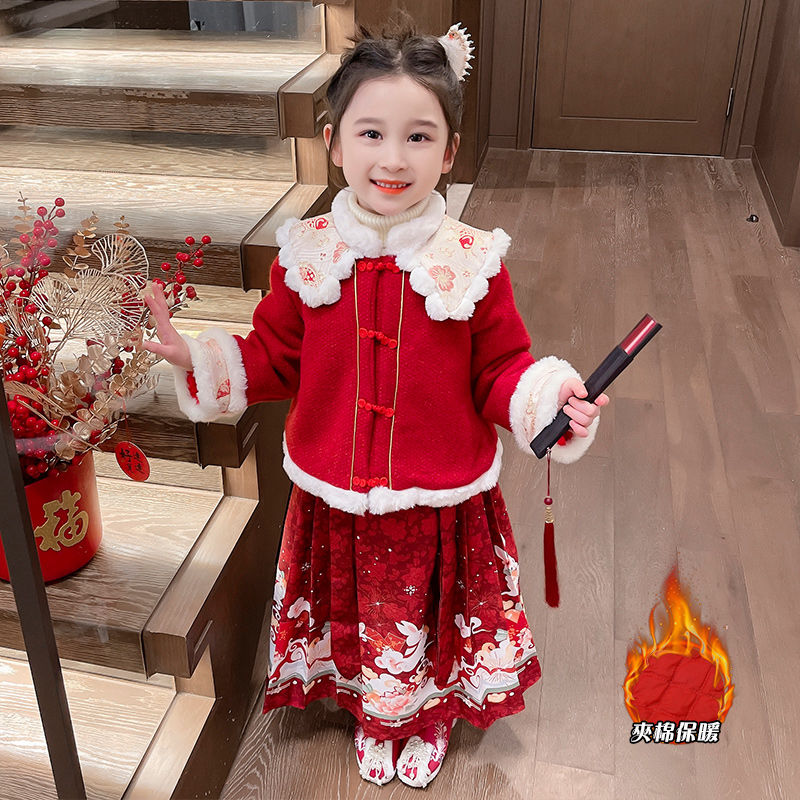 女童冬季漢服年服裙加厚小童連衣裙兒童中國風女孩公主馬面裙冬裝