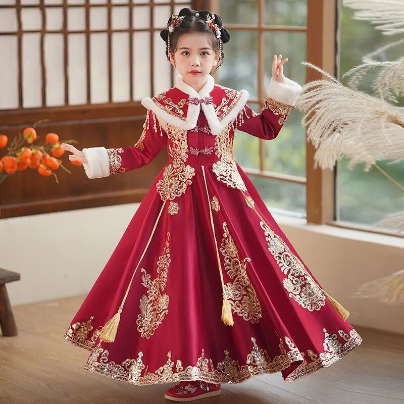 漢服女童冬季加絨古裝唐裝公主新年童裝女兒童過年拜年服連衣裙