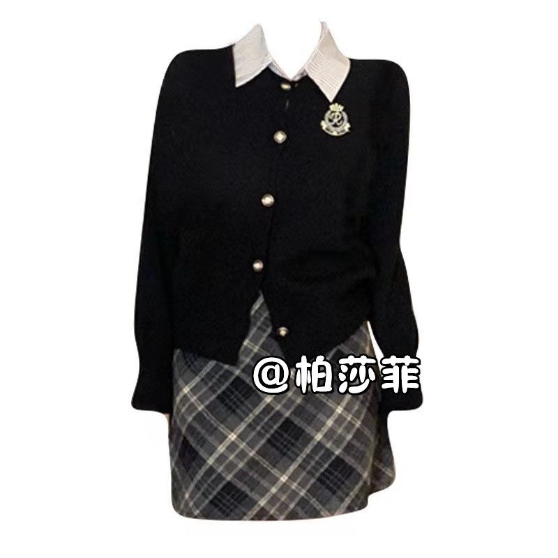 大碼胖MM美式學院風套裝假兩件針織衫上衣秋冬顯瘦格紋短裙兩件套