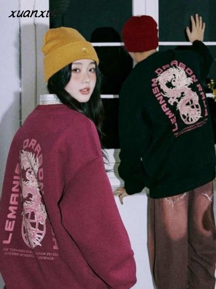 Xuanxie美式復古高街龍年印花圓領寬鬆情侶衛衣男女個性休閒上衣