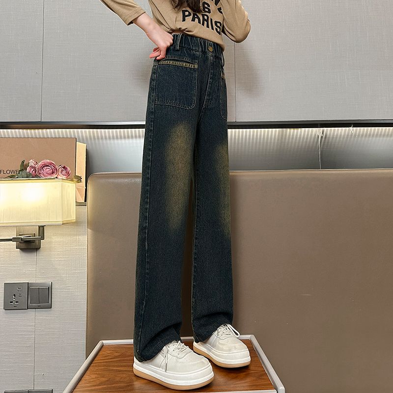 女童牛仔褲秋冬女孩加絨加厚網紅炸街冬季直筒闊腿褲冬款兒童褲子