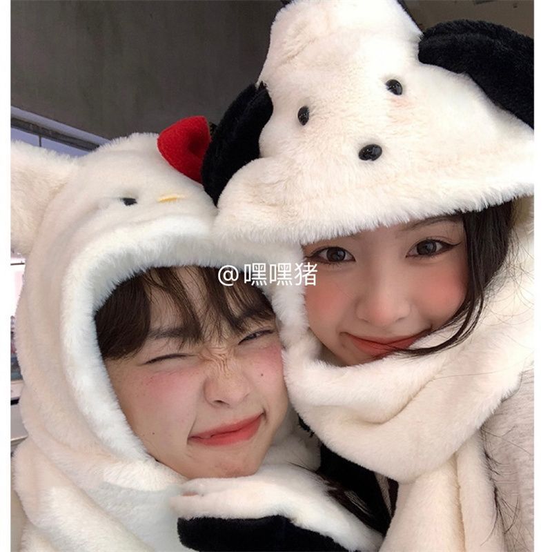 Hey pig/cute kt cat pacha dog hooded neck scarf thickened warm plush gloves hat scarf all in one for women