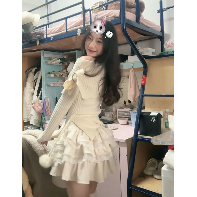 純欲風辣妹毛衣套裝女春季一字肩蝴蝶結上衣高腰蓬蓬蛋糕裙兩件套