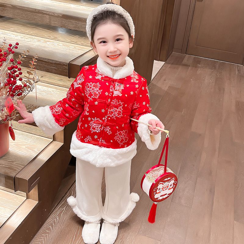 唐裝女童拜年服國風套裝冬季加厚漢服兒童紅色女寶寶過年喜慶衣服