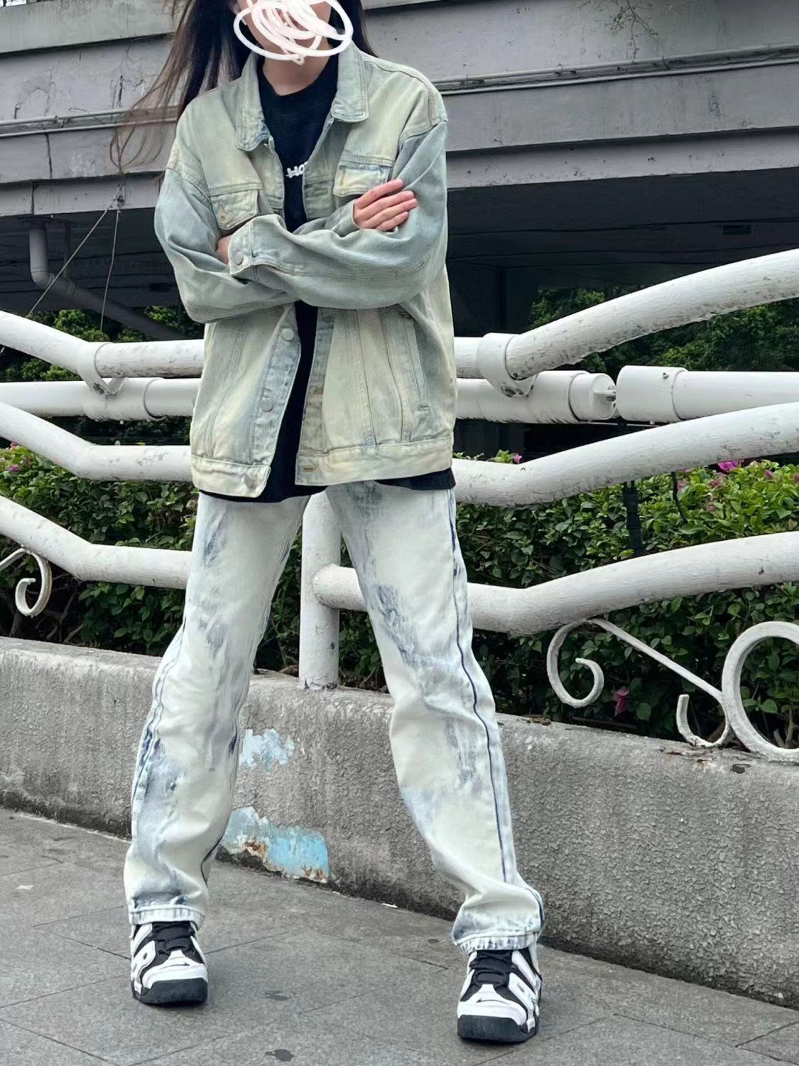 美式做舊寬鬆水洗扎染直筒牛仔褲女休閒潮流新款復古高腰顯瘦長褲