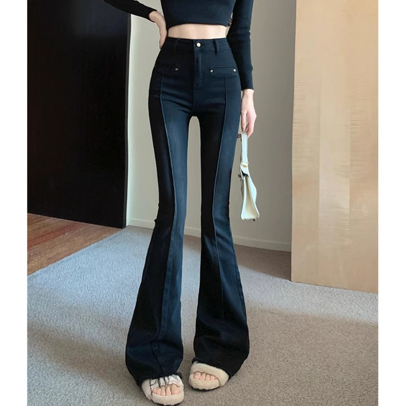 辣妹復古做舊黑灰色微喇叭牛仔褲女小個子修身顯瘦彈力馬蹄長褲潮