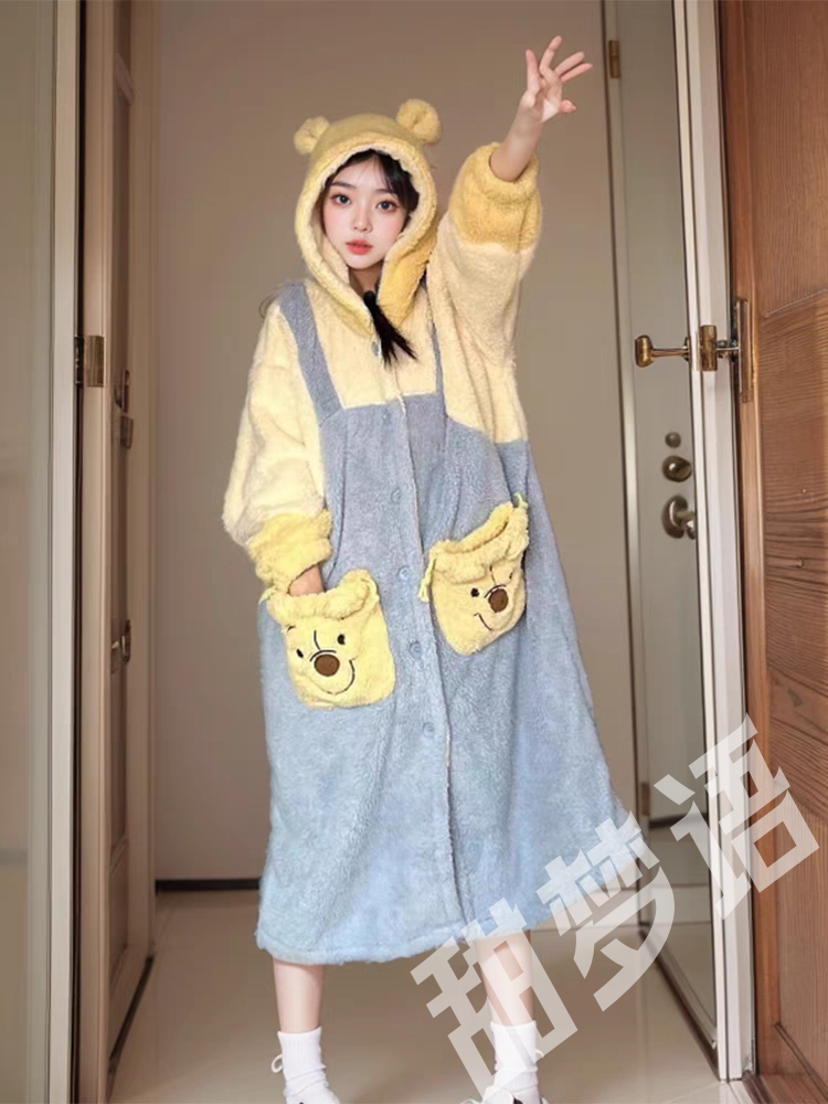 日系ins加厚珊瑚絨睡衣女秋冬季2024年新款保暖法蘭絨家居服睡袍