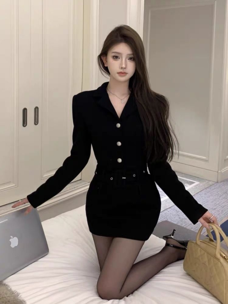 黑色西裝連衣裙女春季新款氣質高級感修身裙子長袖收腰緊身包臀裙