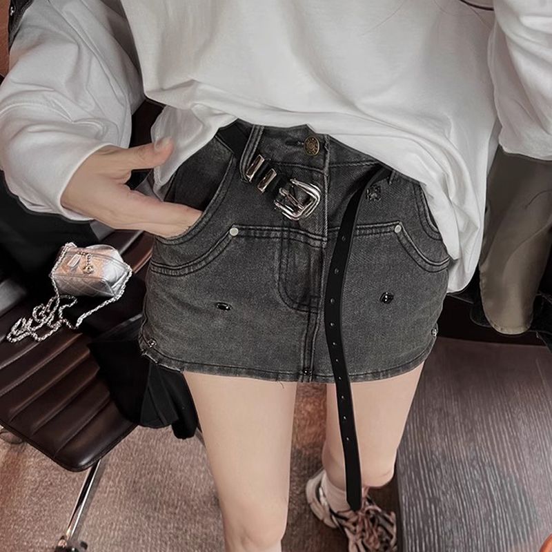 復古水洗黑灰色牛仔半身裙女夏季辣妹高腰包臀裙子防走光a字短裙