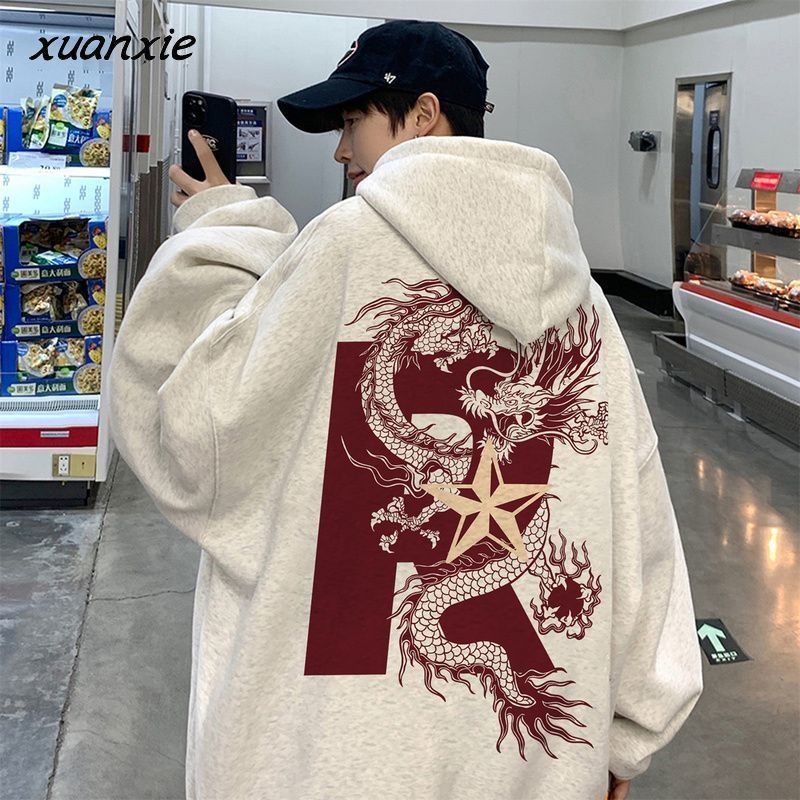 Xuanxie American vintage dragon print sweatshirt for men and women early spring new national fashion brand loose hooded top