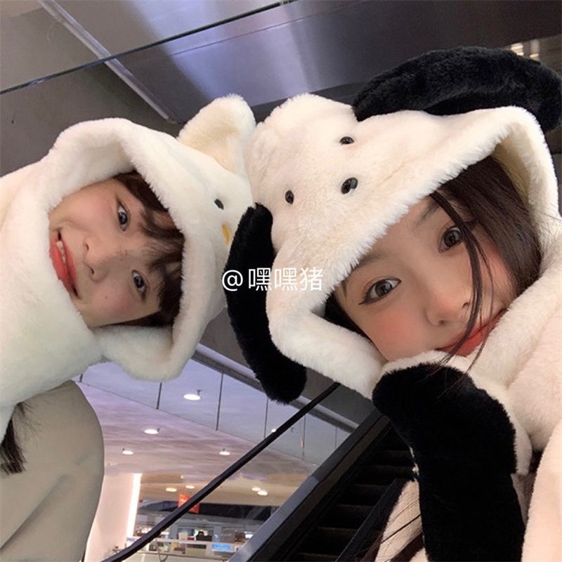 Hey pig/cute kt cat pacha dog hooded neck scarf thickened warm plush gloves hat scarf all in one for women