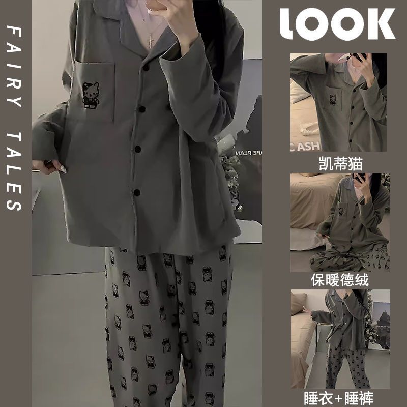 甜美可愛kt貓德絨睡衣女秋冬季日系ins加厚保暖可外穿家居服套裝