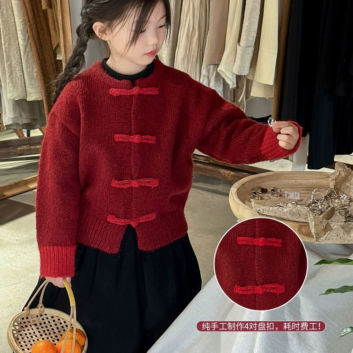 中国唐装女童冬季新款加厚汉服红色喜庆外套拜年新年儿童宝宝开衫