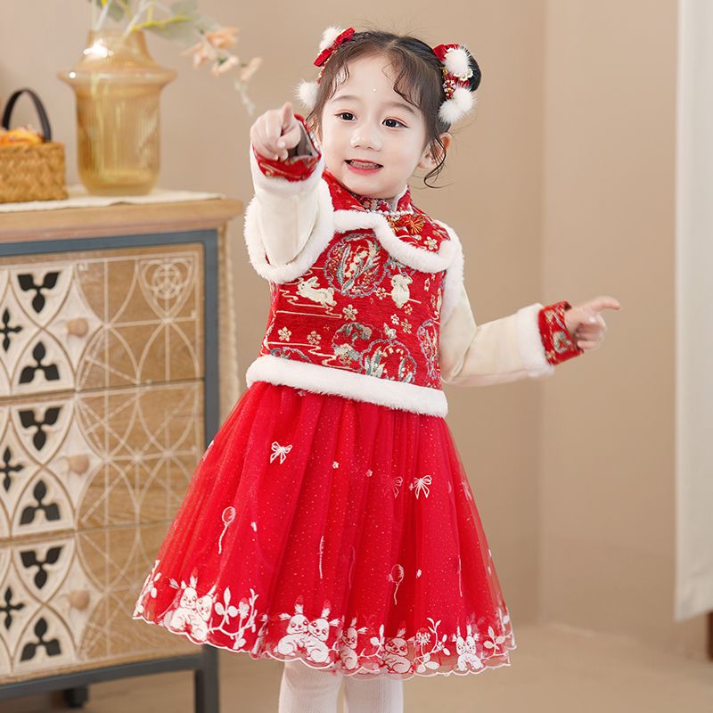 女童漢服冬季加絨寶寶加厚過年唐裝中國風兒童新款新年冬裝拜年服