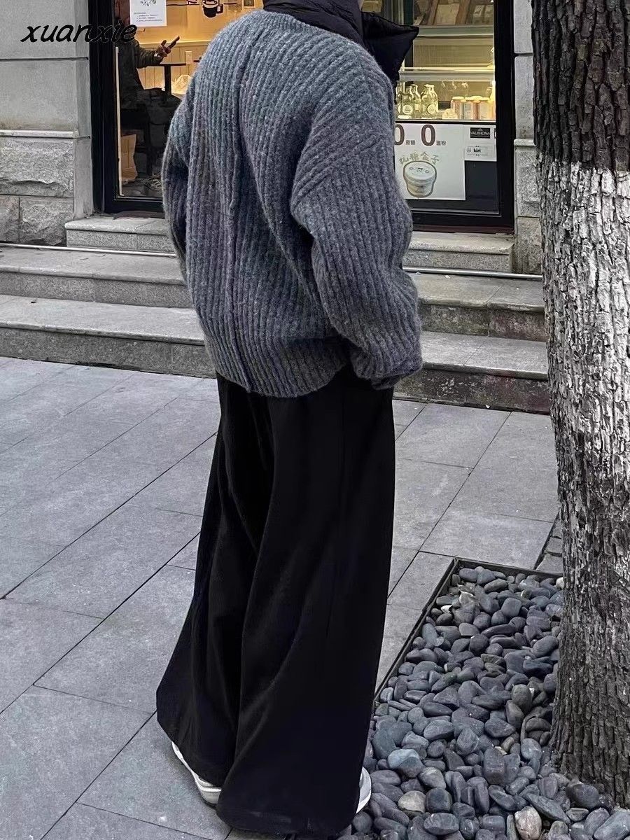 Xuanxie小众设计感深灰色圆领针织毛衣男女复古慵懒秋冬高级感上