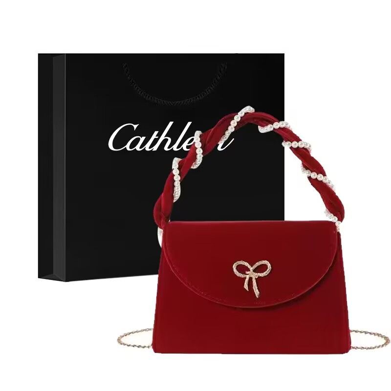 Kathryn's hand-held velvet red bag women's new autumn and winter trendy fashion pearl small square bag niche cross-body wedding bag