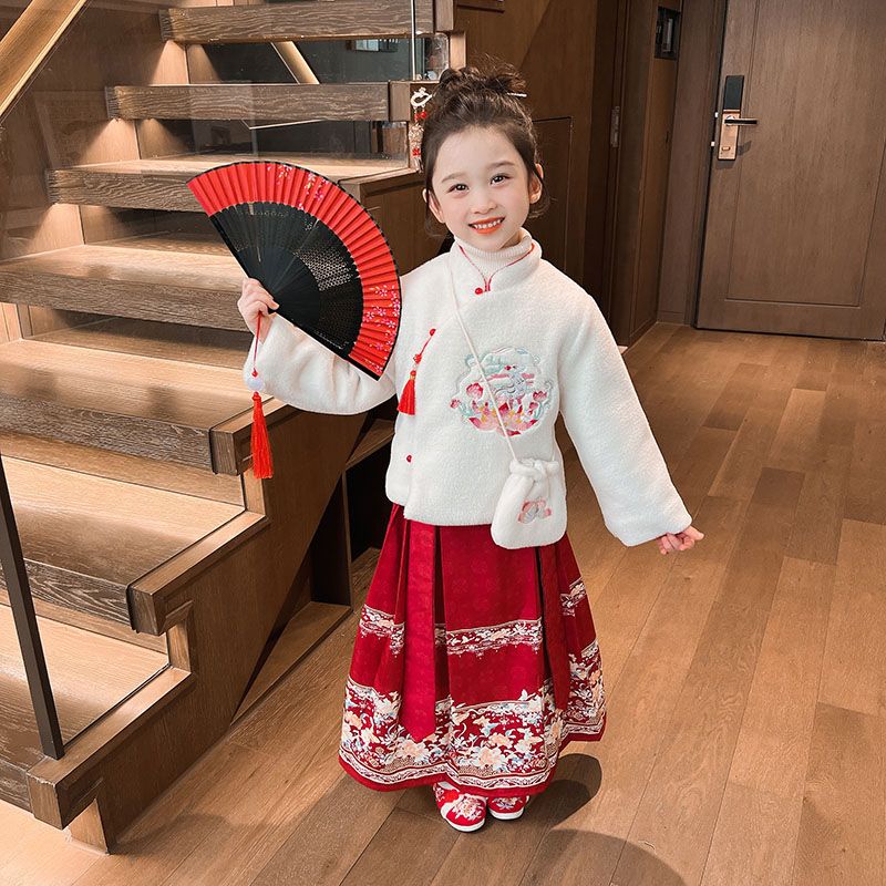 女童古風漢服秋冬2023新款中國風加厚拜年服女寶寶冬裝馬面裙套裝