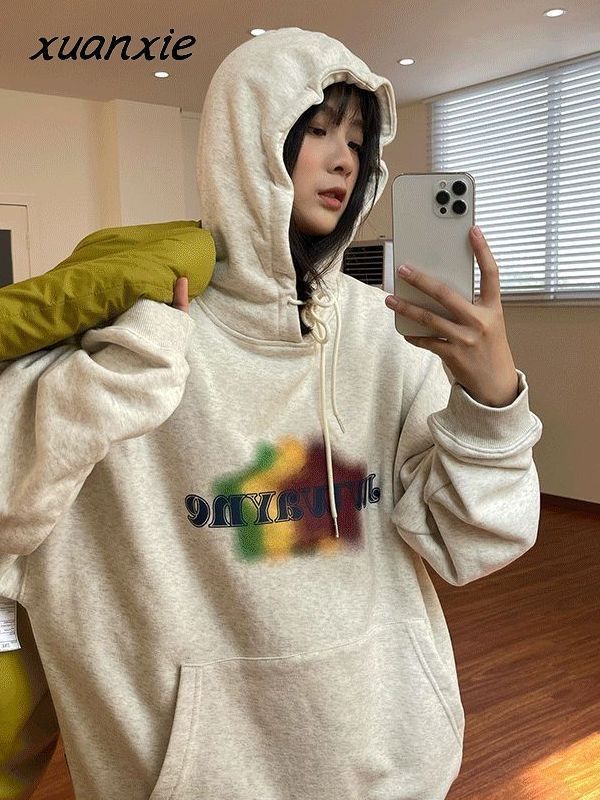 Xuanxie lazy style hooded printed star sweatshirt for men and women spring loose ins retro versatile outer top