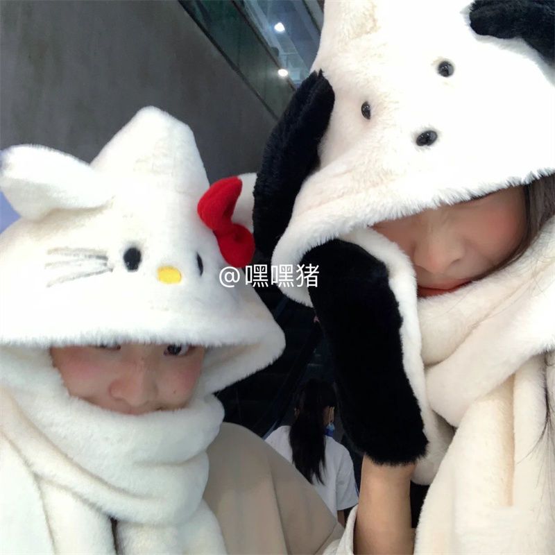 Hey pig/cute kt cat pacha dog hooded neck scarf thickened warm plush gloves hat scarf all in one for women