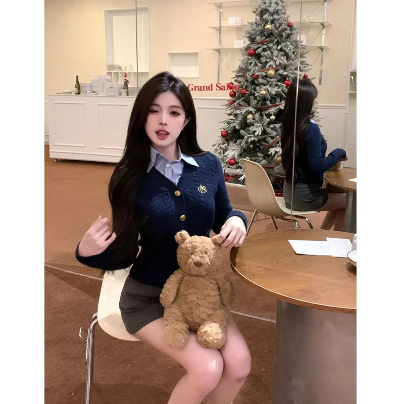 三件套裝女春季新款學院風針織毛衣開衫+條紋襯衫+高腰顯瘦半身裙