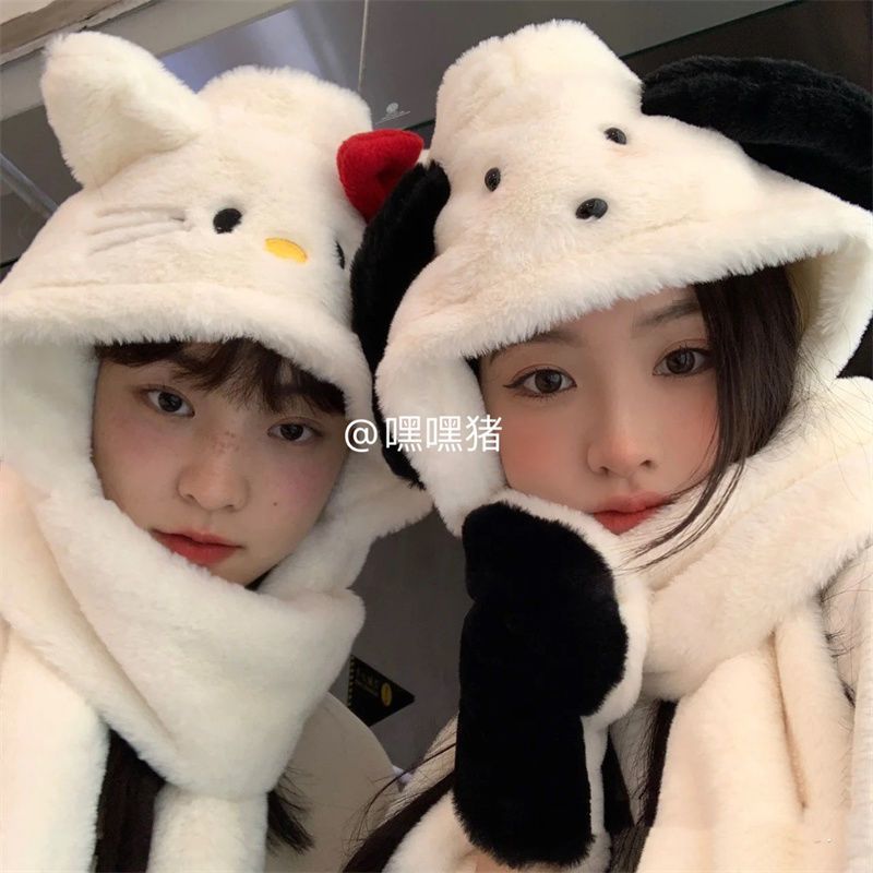 Hey pig/cute kt cat pacha dog hooded neck scarf thickened warm plush gloves hat scarf all in one for women