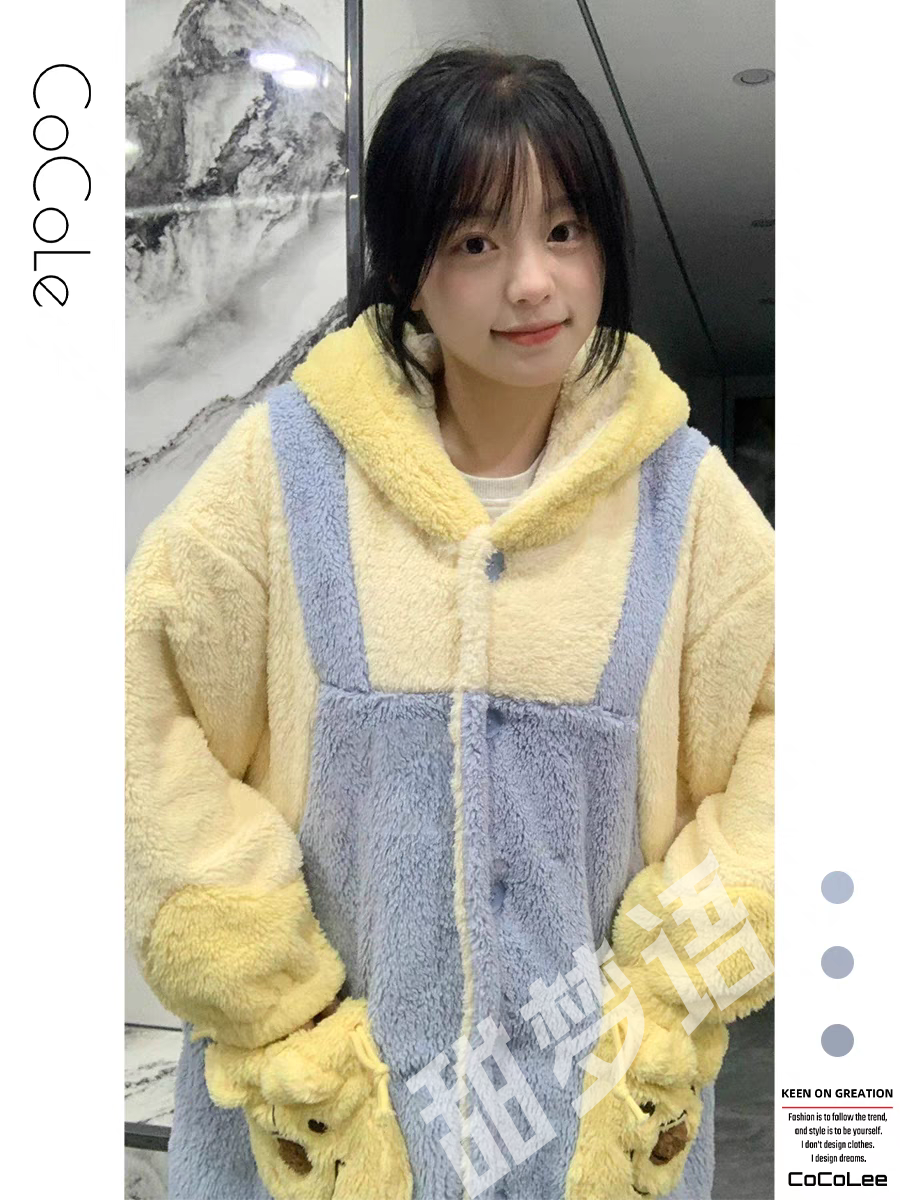 網紅款ins加厚珊瑚絨睡衣女秋冬季學生宿舍保暖法蘭絨家居服睡袍