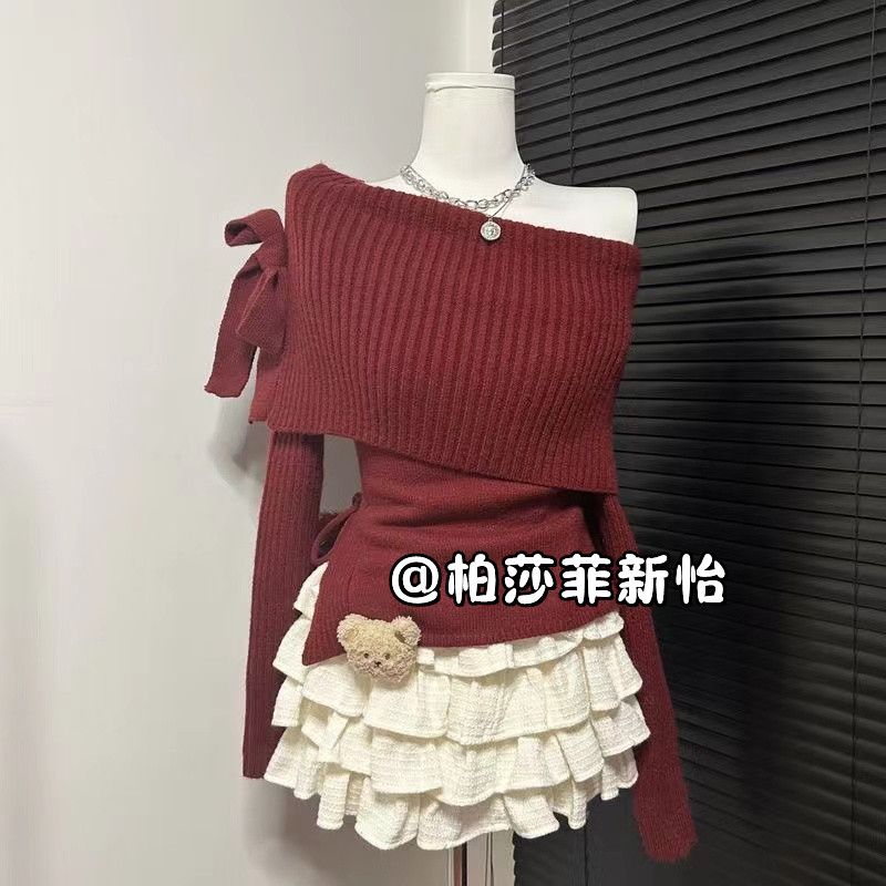 Fashion suit for women 2023 autumn and winter new Korean Christmas hottie off-shoulder bow sweater cake skirt two-piece set