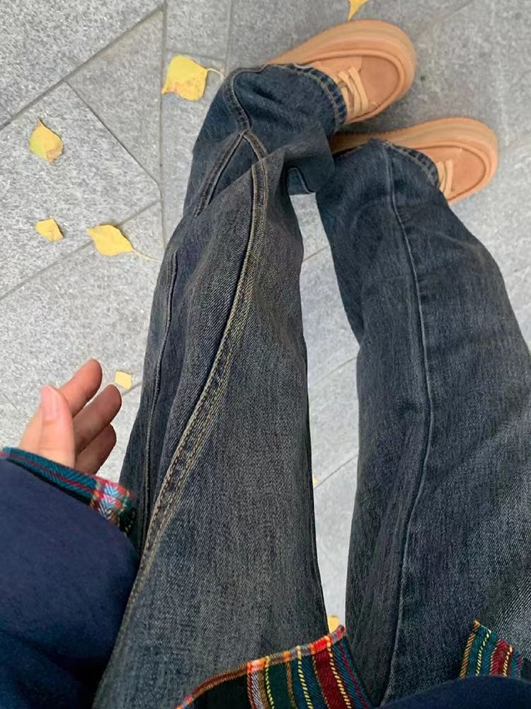 美式復古闊腿牛仔褲女冬季新款設計感高腰寬鬆顯瘦直筒拖地長褲子