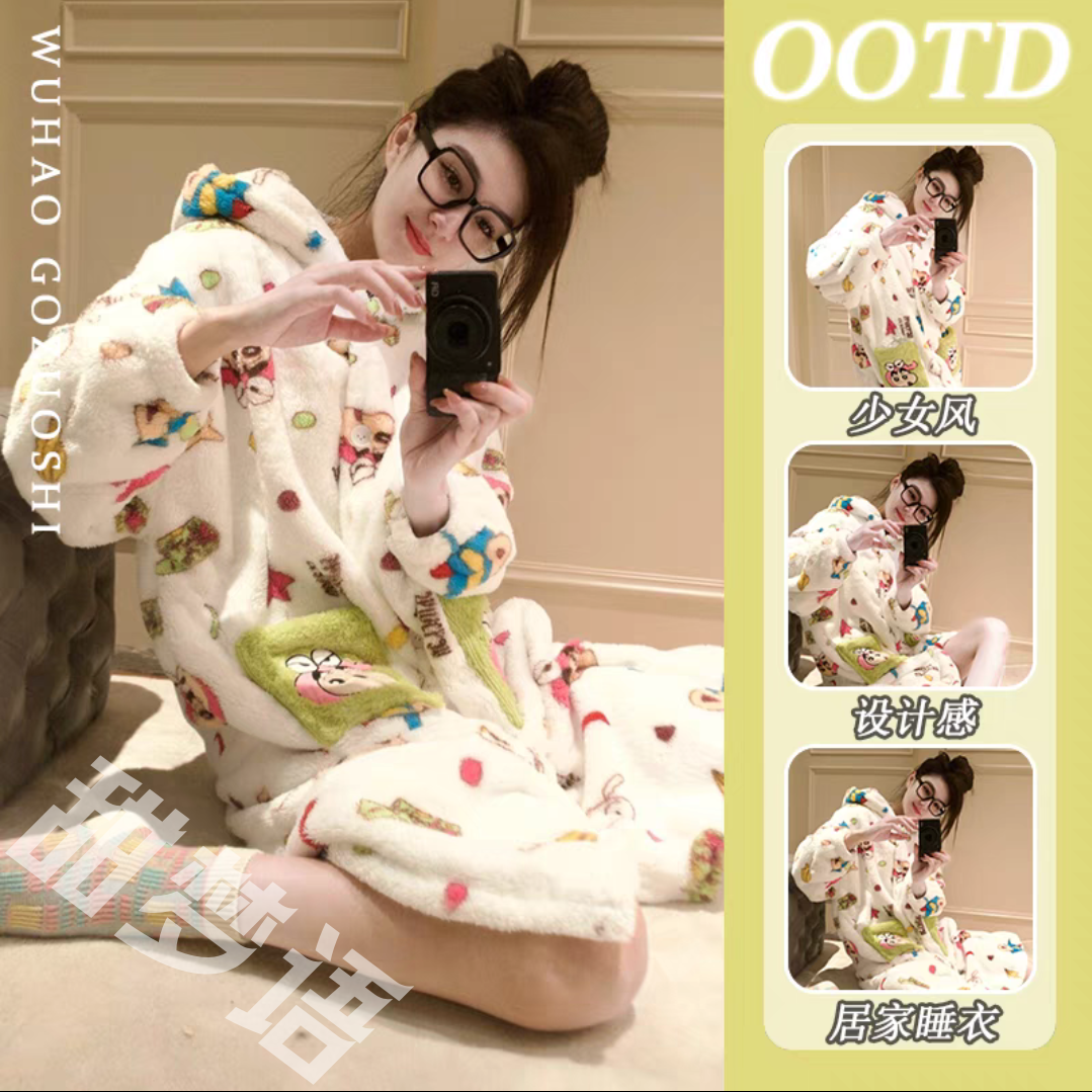 加厚法蘭絨睡衣女秋冬款網紅風睡裙可愛少女保暖珊瑚絨家居服睡袍