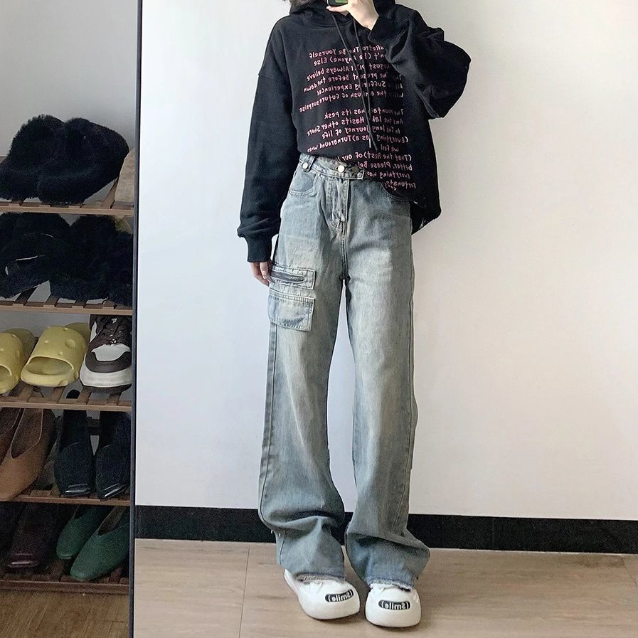 復古高街毛邊工裝牛仔褲女秋冬新款設計高腰顯瘦寬鬆直筒拖地褲子