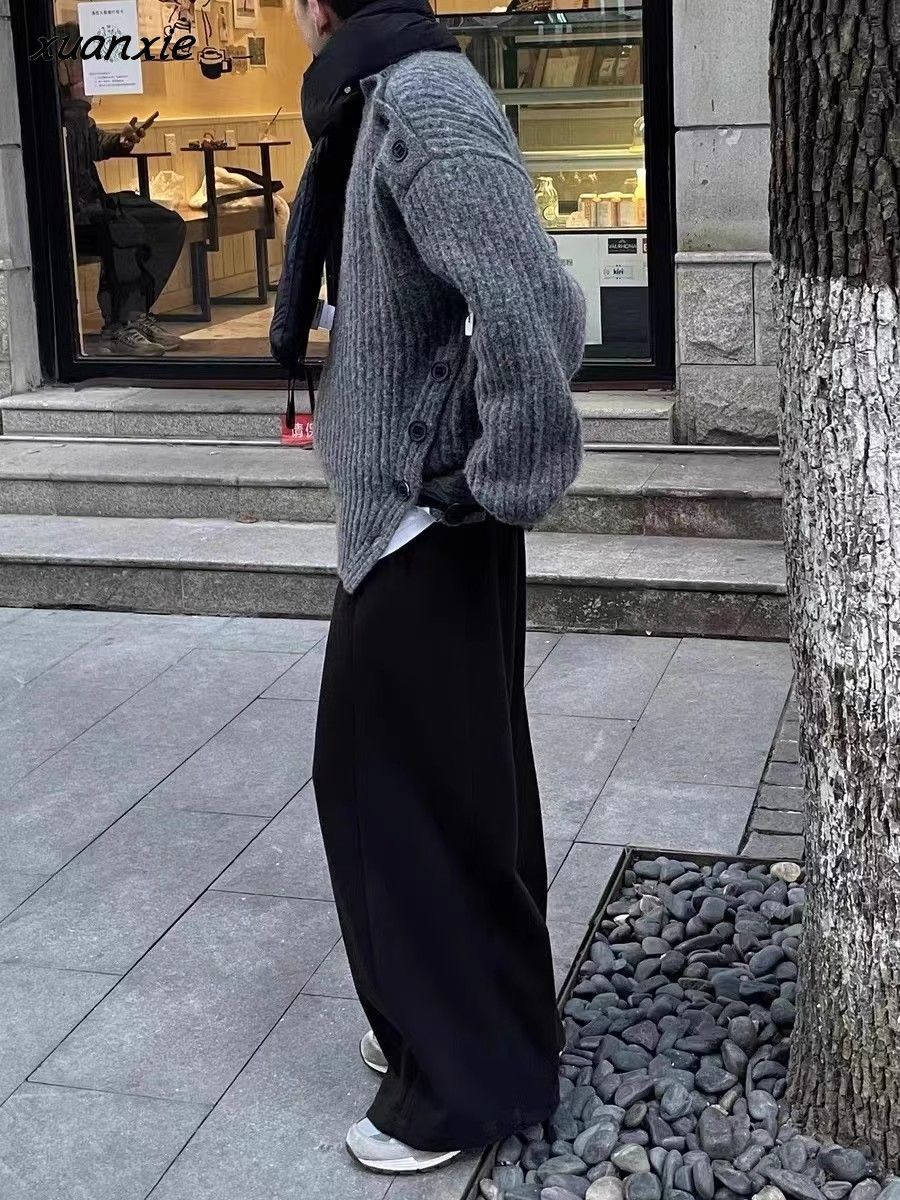 Xuanxie小众设计感深灰色圆领针织毛衣男女复古慵懒秋冬高级感上