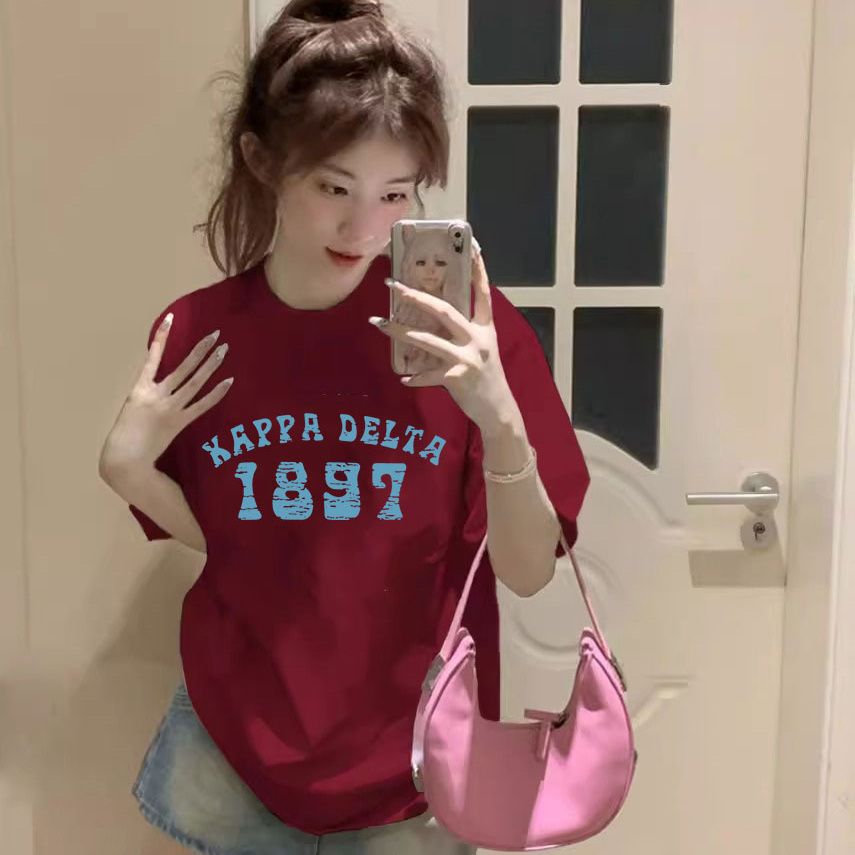精梳棉大紅色圓領T恤女寬鬆短袖半袖簡約休閒百搭印花t恤女士夏裝