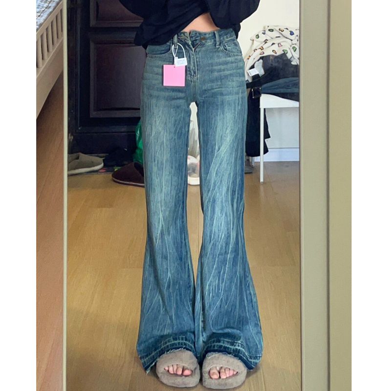 美式復古毛邊微喇叭牛仔褲女辣妹小個子高腰直筒顯瘦拖地馬蹄長褲