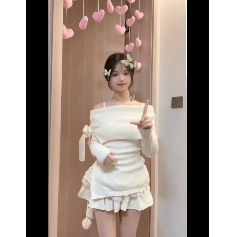純欲甜辣套裝女2024春季新款一字肩修身針織毛衣高腰蛋糕半身裙潮