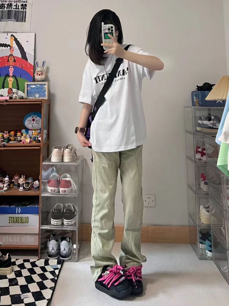 美式高街黃泥染分割設計直筒褲女春季新款修身顯瘦百搭拖地長褲潮