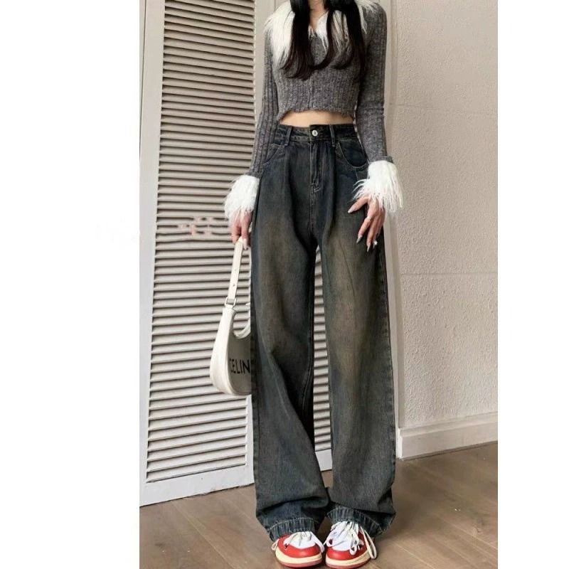 水泥灰闊腿牛仔褲女2024春季小個子九分復古寬鬆顯瘦高腰直筒長褲