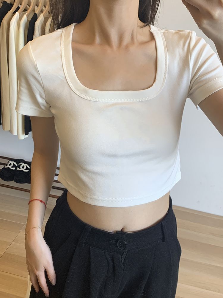 U領露鎖骨純欲辣妹修短袖T恤女春秋2024新款高腰露臍短款上衣夏潮