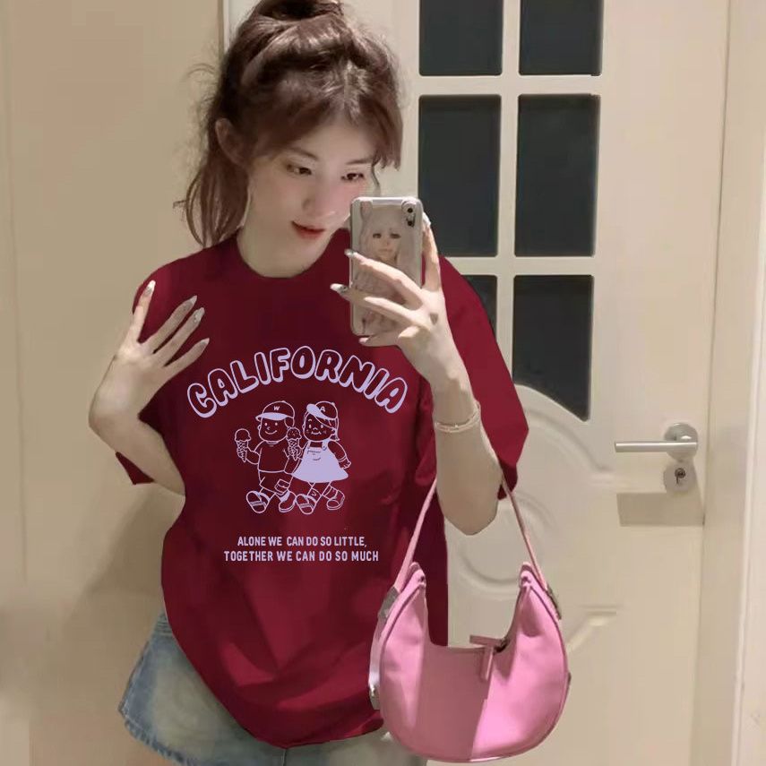 精梳棉大紅色圓領T恤女寬鬆短袖半袖簡約休閒百搭印花t恤女士夏裝