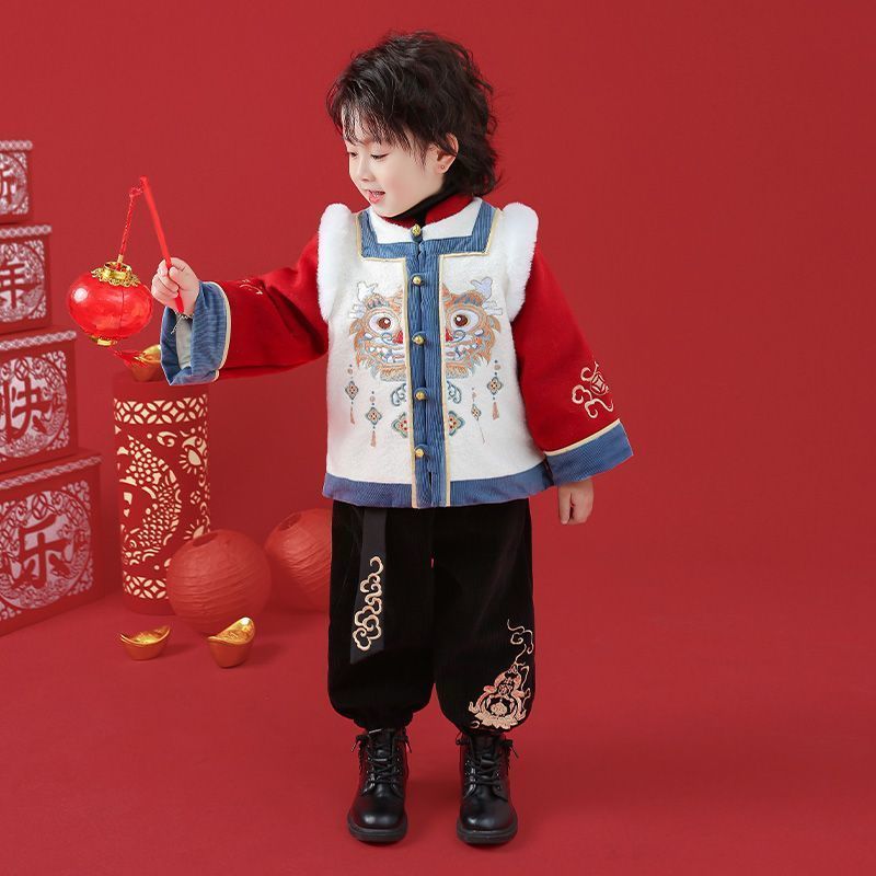 拜年服男童唐裝冬季過年服國風兒童漢服寶寶冬裝加厚新年衣服套裝