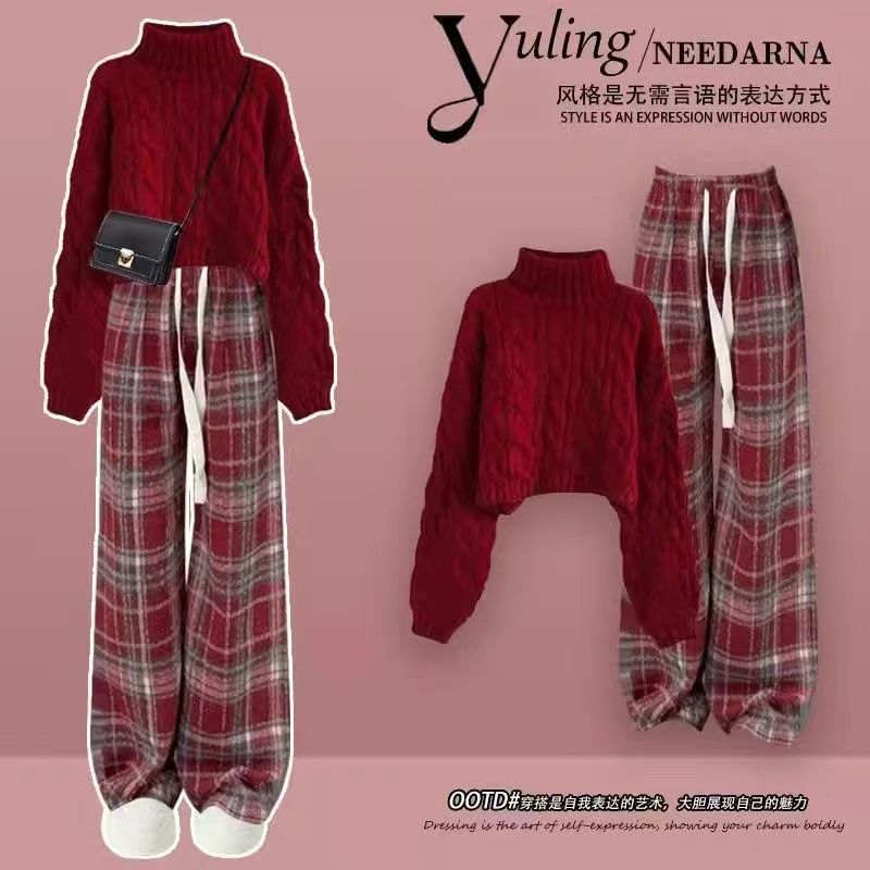 New Year red small fragrant style knitted sweater Christmas suit deep winter wear paired with a set of high-end plaid pants