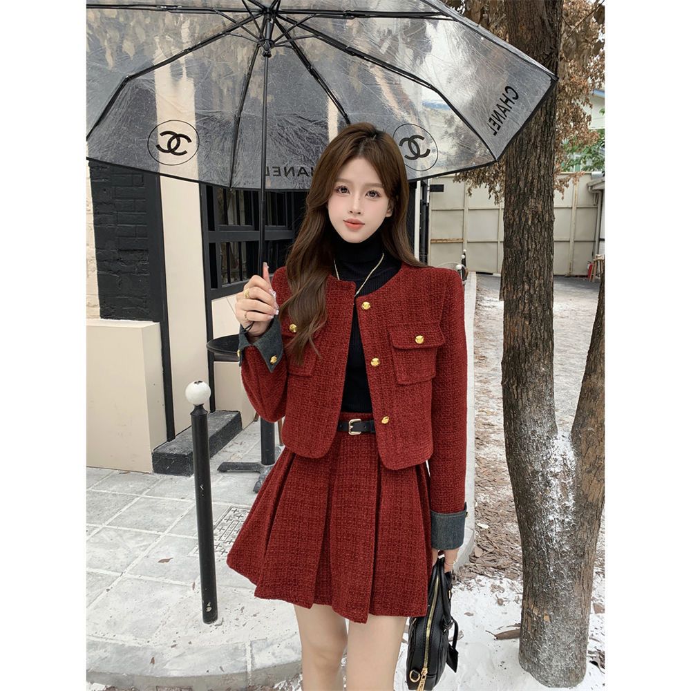 紅色小香風套裝女2024春季新款氣質名媛短款外套打底衫高腰半身裙