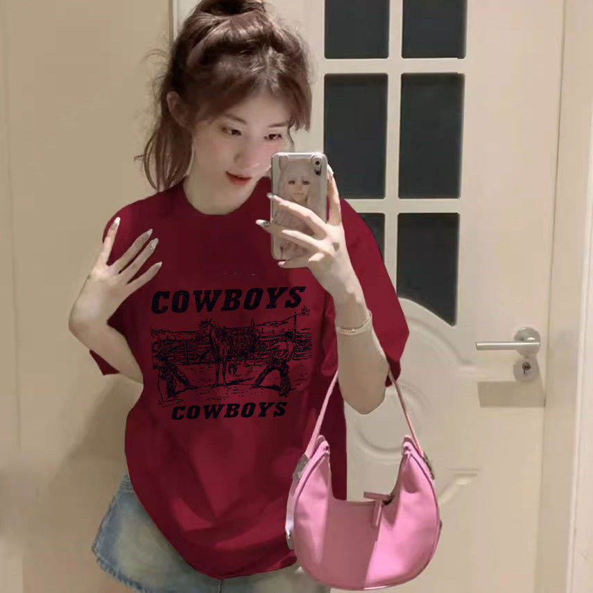 精梳棉大紅色圓領T恤女寬鬆短袖半袖簡約休閒百搭印花t恤女士夏裝