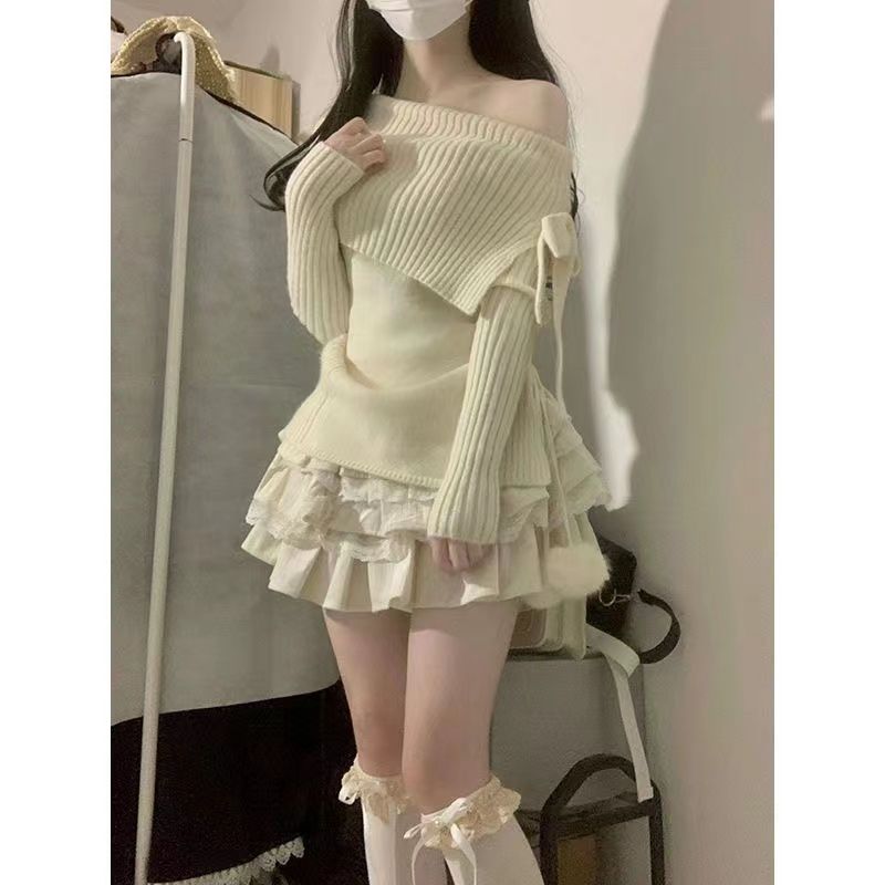 Two-piece suit 2023 autumn and winter new one-shoulder bow sweater women's pure lust style knitted top + skirt